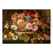 Still Life of Fruit and a Basket of Flowers Greeting Cards