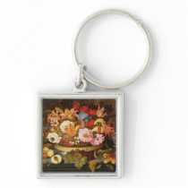 Still Life of Fruit and a Basket of Flowers Key Chains