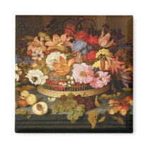 Still Life of Fruit and a Basket of Flowers Fridge Magnet