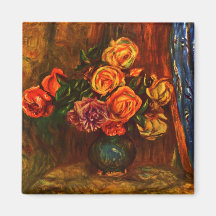 Still life roses before a blue curtain by Renoir Magnet