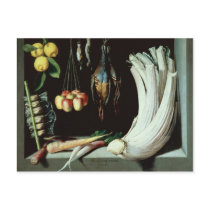 Still life with dead birds, fruit and post card