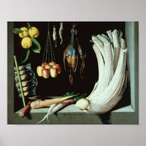Still life with dead birds, fruit and print
