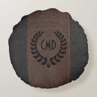Stitched Vintage Leather Texture In Black & Brown Round Pillow