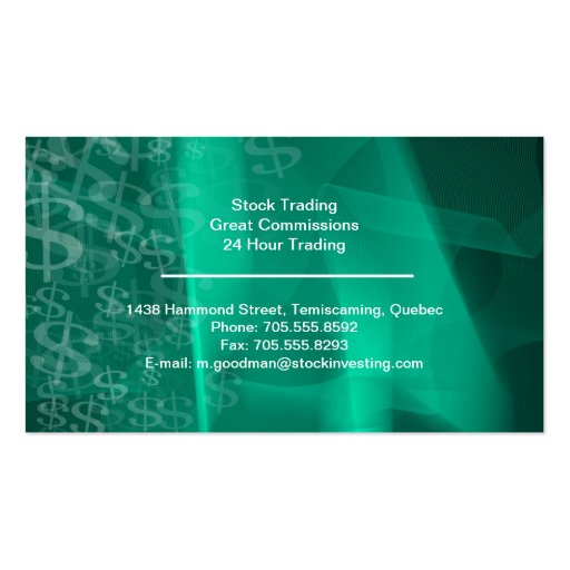 Stock Invest Business Card Green Teal Dollar Signs (back side)