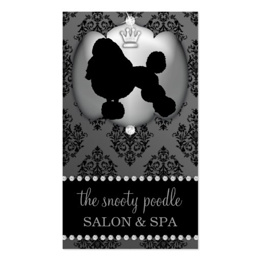 Stone Grey Jeweled Damask Dog Grooming/Spa Business Cards (front side)