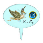 STORK BABY BOY SHOWER 2 MONOGRAM ,turquase Oval Cake Pick