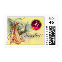 STORK BABY GIRL SHOWER 2 MONOGRAM RED RUBY STAMPS