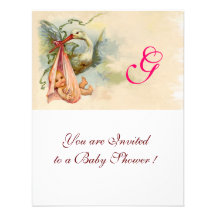 STORK BABY GIRL SHOWER MONOGRAM ANNOUNCEMENT