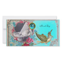 STORK BABY SHOWER MONOGRAM ,aquamarine Photo Cards