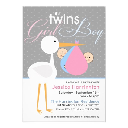 Stork Boy/Girl Twin Bundle Baby Shower Invitations (front side)