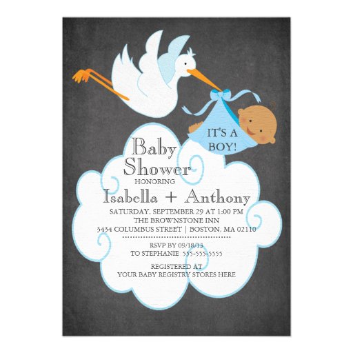 Stork Chalkboard African American Boy Baby Shower Custom Invitations