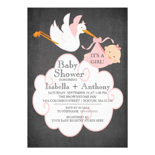 Stork Chalkboard GIRL Baby Shower Invitatation Personalized Invitations