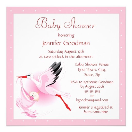 Stork Delivering Baby Pink Baby Shower Invitations