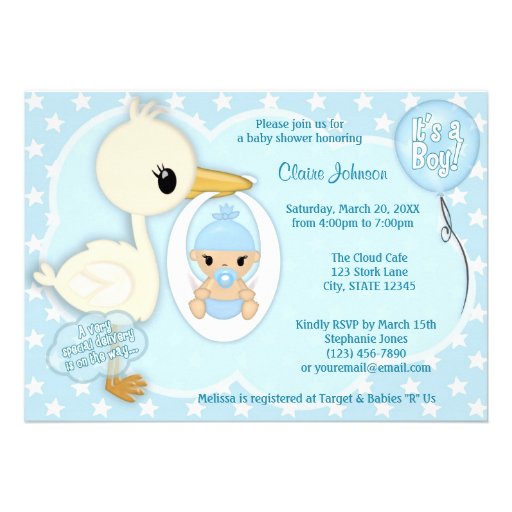 Stork Delivery baby shower invitation BOY BLUE 2A