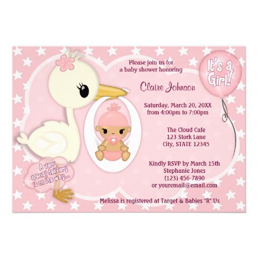 Stork Delivery baby shower invitation GIRL PINK 1B