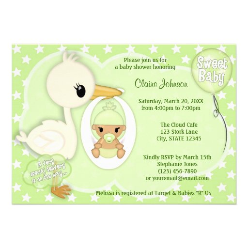 Stork Delivery baby shower invitation GREEN 3B