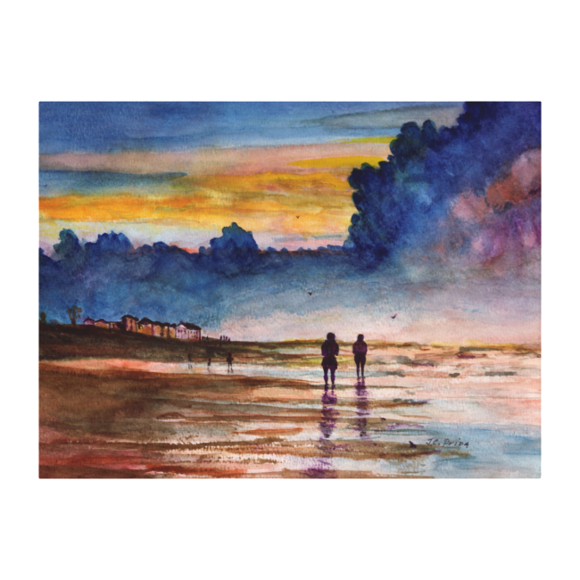 Stormy Sunset Beach Combing Watercolor Seascape Canvas Prints