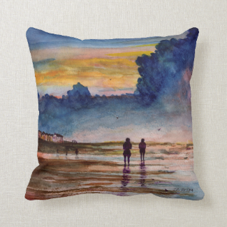 Stormy Sunset Beach Combing Watercolor Seascape Pillow
