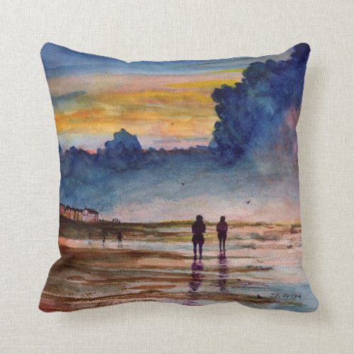 Stormy Sunset Beach Combing Watercolor Seascape Throw Pillows