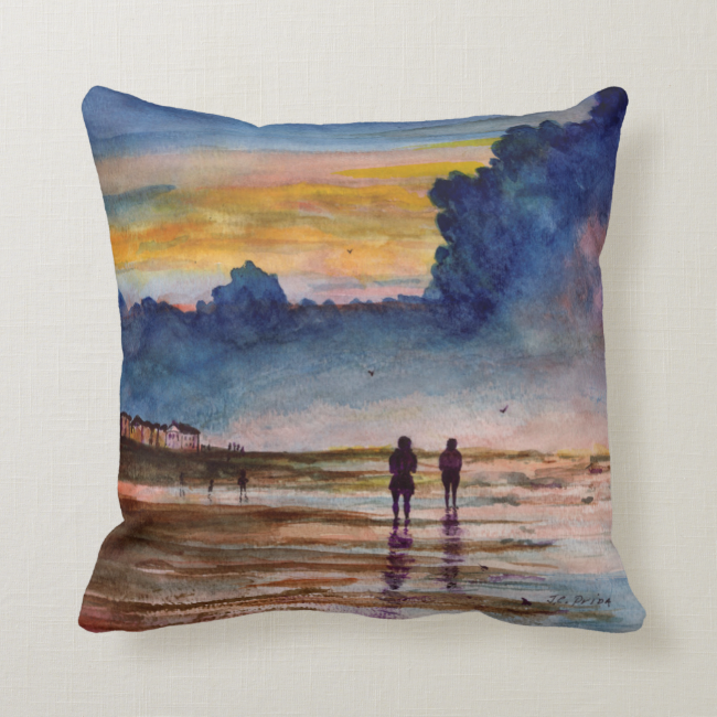 Stormy Sunset Beach Combing Watercolor Seascape Pillow