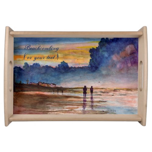 Stormy Sunset Beach Combing Watercolor Seascape Serving Platter