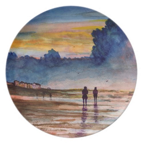 Stormy Sunset Beach Combing Watercolor Seascape Dinner Plate
