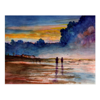 Stormy Sunset Beach Combing Watercolor Seascape Postcard