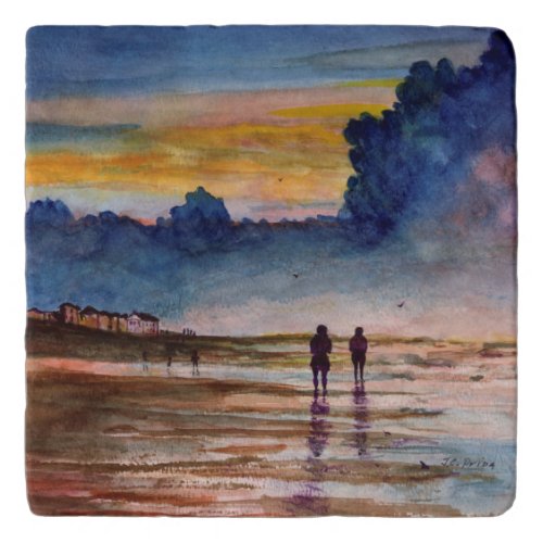 Stormy Sunset Beach Combing Watercolor Seascape Trivets