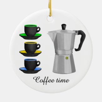 Stove Top Espresso Make And Cups Pattern Double-Sided Ceramic Round Christmas Ornament