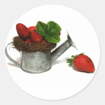 strawberries in a small watering can round stickers