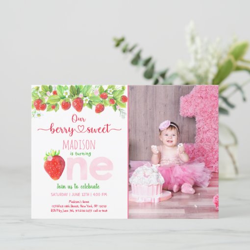 Strawberry Berry Sweet First Birthday Invitation Zazzle