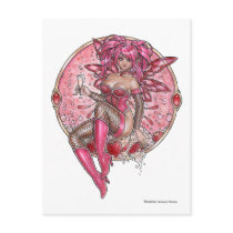 strawberry, champagne, fairy, pinup, drink, pink, sexy, corset, elf, goth, gothic, punk, wine, bubbles, red, fantasy, zerick., delphine, levesque, demers, faeries, Postcard with custom graphic design