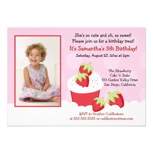 Strawberry Cupcake Photo Birthday Invitation