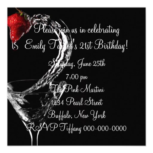 Strawberry Martini Cocktail 21st Birthday Party Invitations