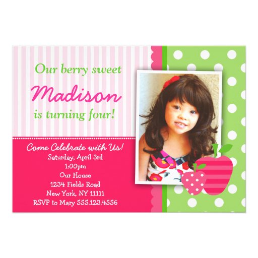 Strawberry Pink Green Birthday Party Invitations (front side)