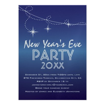 Streamers and Stars Blue New Year's Eve Party Custom Announcements