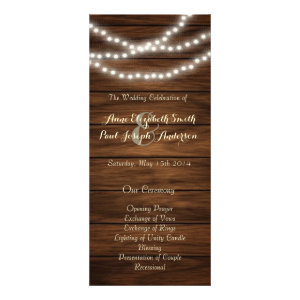 String lights barn wood wedding program personalized rack card