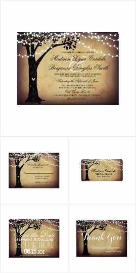 String Lights Carved Oak Tree Wedding Invite Set