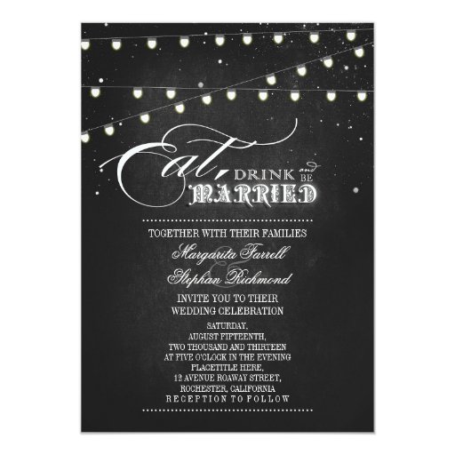 String lights Eat, Drink and Be Married Wedding Invitation (front side)