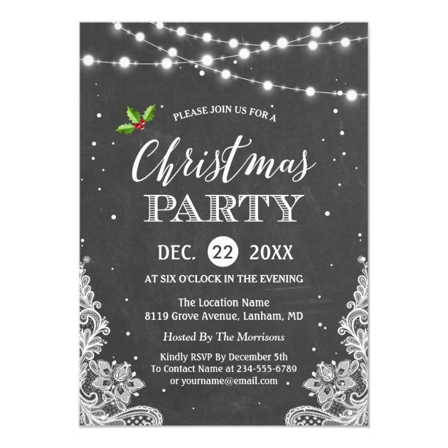 String Lights Lace Chalkboard Christmas Party Card