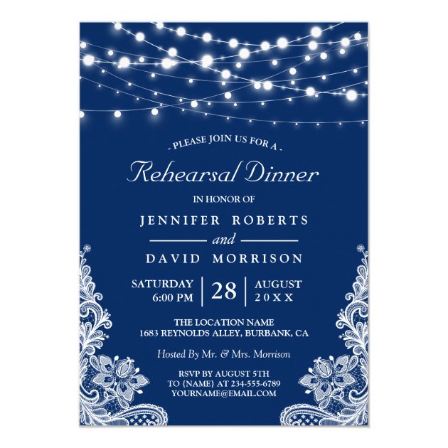 String Lights Lace Navy Wedding Rehearsal Dinner Card (front side)