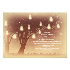 String lights mason jars tree rustic wedding invitation