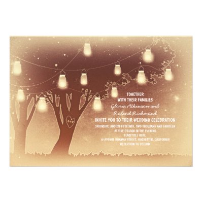 String lights mason jars tree rustic wedding invitation
