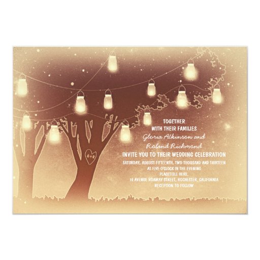 String lights mason jars tree rustic wedding 5x7 paper invitation card Zazzle