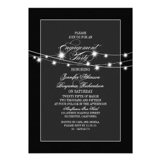 string lights modern black engagement party custom invite (front side)