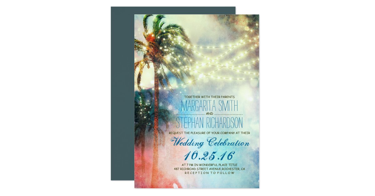 string lights palm trees beach wedding invite Zazzle