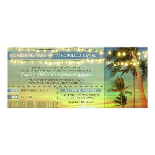String Lights Palms Wedding Boarding Pass Tickets Custom Invitation (front side)