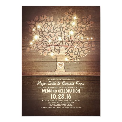 String lights & rustic tree wedding invitations