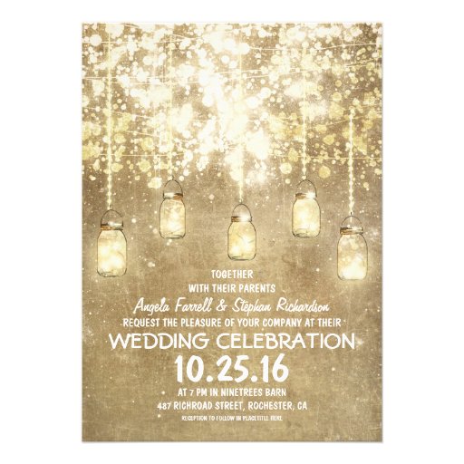String lights sparkly mason jars wedding invites (front side)