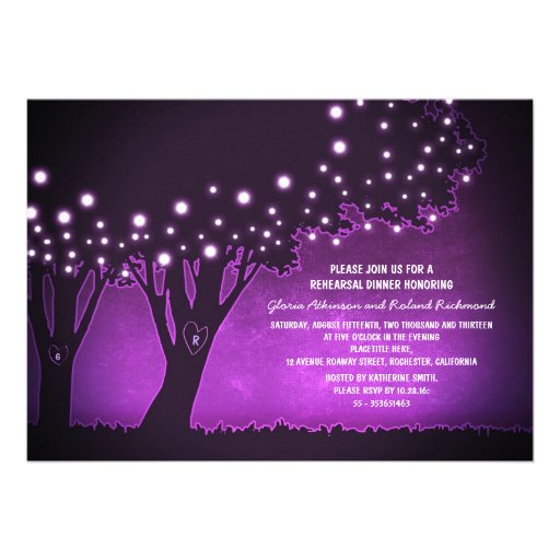 String lights tree rustic purple rehearsal dinner personalized invite